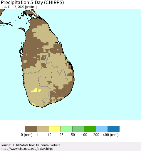 Sri Lanka Precipitation 5-Day (CHIRPS) Thematic Map For 7/11/2022 - 7/15/2022