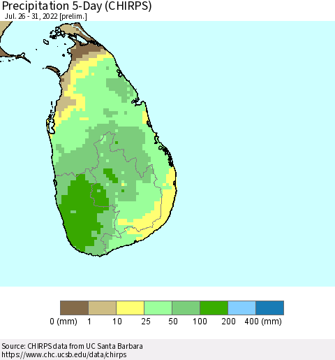 Sri Lanka Precipitation 5-Day (CHIRPS) Thematic Map For 7/26/2022 - 7/31/2022