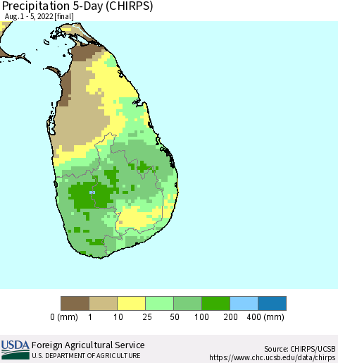 Sri Lanka Precipitation 5-Day (CHIRPS) Thematic Map For 8/1/2022 - 8/5/2022