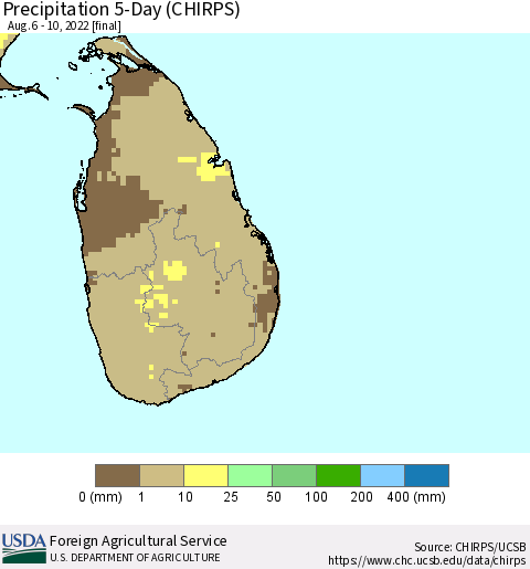 Sri Lanka Precipitation 5-Day (CHIRPS) Thematic Map For 8/6/2022 - 8/10/2022