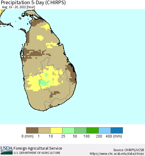 Sri Lanka Precipitation 5-Day (CHIRPS) Thematic Map For 8/16/2022 - 8/20/2022