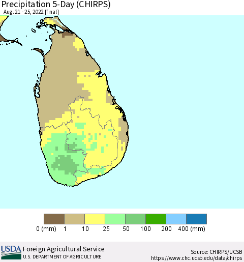 Sri Lanka Precipitation 5-Day (CHIRPS) Thematic Map For 8/21/2022 - 8/25/2022