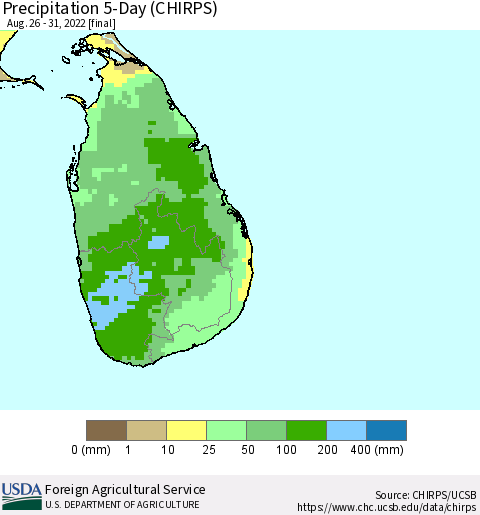 Sri Lanka Precipitation 5-Day (CHIRPS) Thematic Map For 8/26/2022 - 8/31/2022