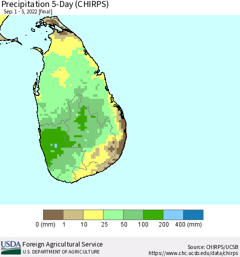 Sri Lanka Precipitation 5-Day (CHIRPS) Thematic Map For 9/1/2022 - 9/5/2022