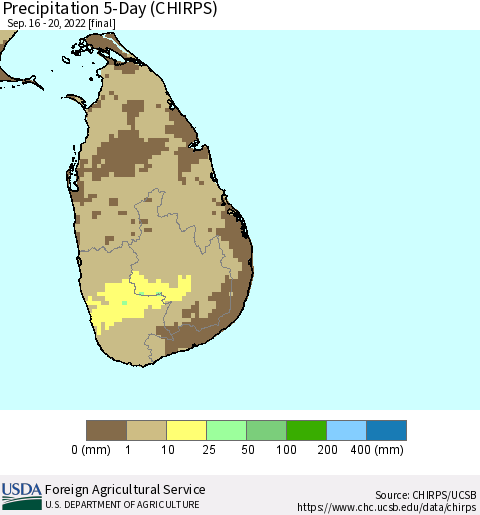 Sri Lanka Precipitation 5-Day (CHIRPS) Thematic Map For 9/16/2022 - 9/20/2022