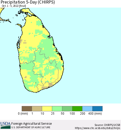Sri Lanka Precipitation 5-Day (CHIRPS) Thematic Map For 10/1/2022 - 10/5/2022