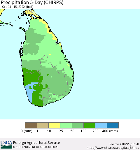 Sri Lanka Precipitation 5-Day (CHIRPS) Thematic Map For 10/11/2022 - 10/15/2022