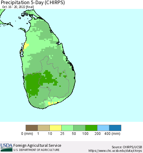 Sri Lanka Precipitation 5-Day (CHIRPS) Thematic Map For 10/16/2022 - 10/20/2022