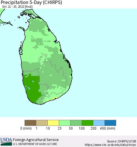 Sri Lanka Precipitation 5-Day (CHIRPS) Thematic Map For 10/21/2022 - 10/25/2022