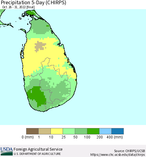 Sri Lanka Precipitation 5-Day (CHIRPS) Thematic Map For 10/26/2022 - 10/31/2022