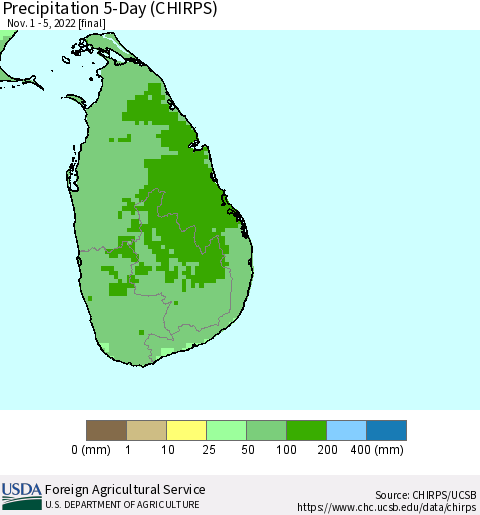 Sri Lanka Precipitation 5-Day (CHIRPS) Thematic Map For 11/1/2022 - 11/5/2022