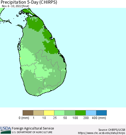 Sri Lanka Precipitation 5-Day (CHIRPS) Thematic Map For 11/6/2022 - 11/10/2022