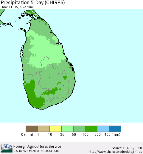 Sri Lanka Precipitation 5-Day (CHIRPS) Thematic Map For 11/11/2022 - 11/15/2022