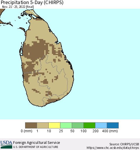 Sri Lanka Precipitation 5-Day (CHIRPS) Thematic Map For 11/21/2022 - 11/25/2022