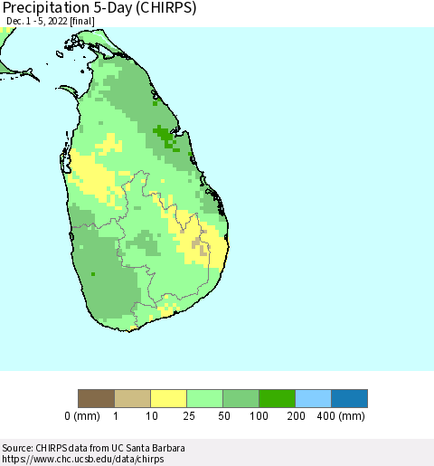 Sri Lanka Precipitation 5-Day (CHIRPS) Thematic Map For 12/1/2022 - 12/5/2022