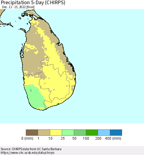 Sri Lanka Precipitation 5-Day (CHIRPS) Thematic Map For 12/11/2022 - 12/15/2022