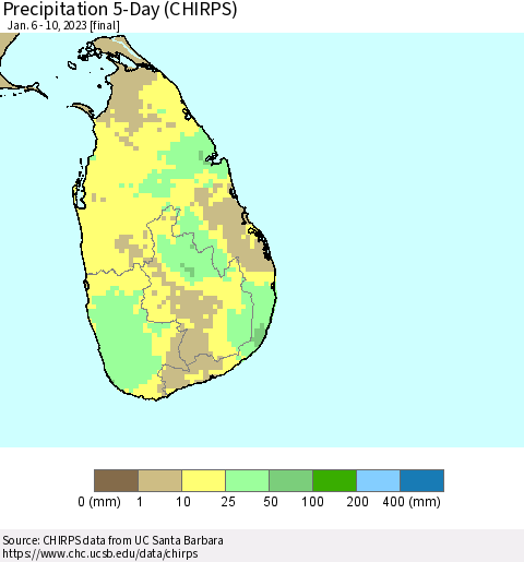 Sri Lanka Precipitation 5-Day (CHIRPS) Thematic Map For 1/6/2023 - 1/10/2023