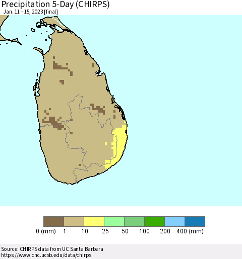 Sri Lanka Precipitation 5-Day (CHIRPS) Thematic Map For 1/11/2023 - 1/15/2023