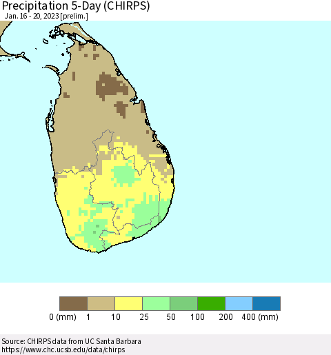 Sri Lanka Precipitation 5-Day (CHIRPS) Thematic Map For 1/16/2023 - 1/20/2023