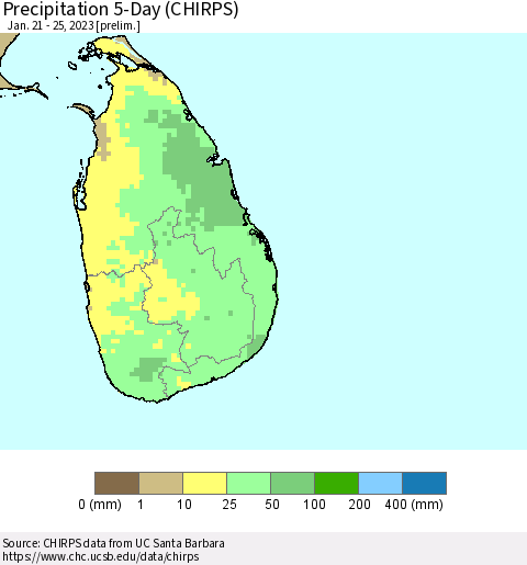 Sri Lanka Precipitation 5-Day (CHIRPS) Thematic Map For 1/21/2023 - 1/25/2023