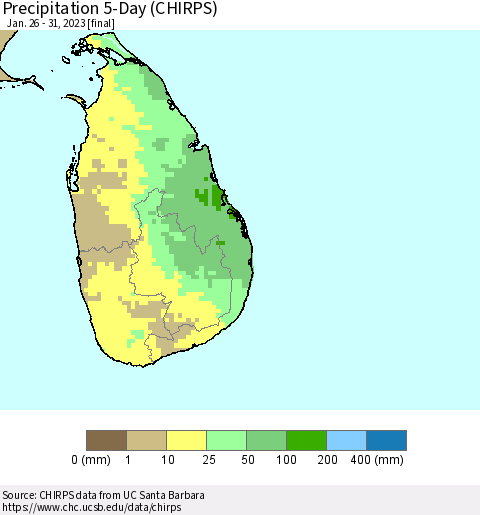 Sri Lanka Precipitation 5-Day (CHIRPS) Thematic Map For 1/26/2023 - 1/31/2023