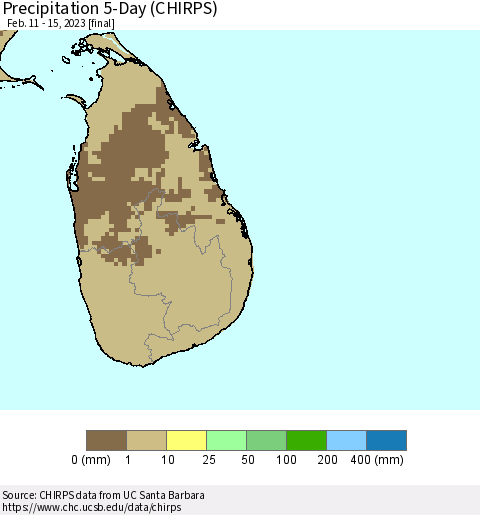 Sri Lanka Precipitation 5-Day (CHIRPS) Thematic Map For 2/11/2023 - 2/15/2023