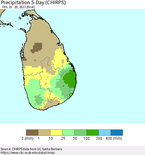 Sri Lanka Precipitation 5-Day (CHIRPS) Thematic Map For 2/16/2023 - 2/20/2023