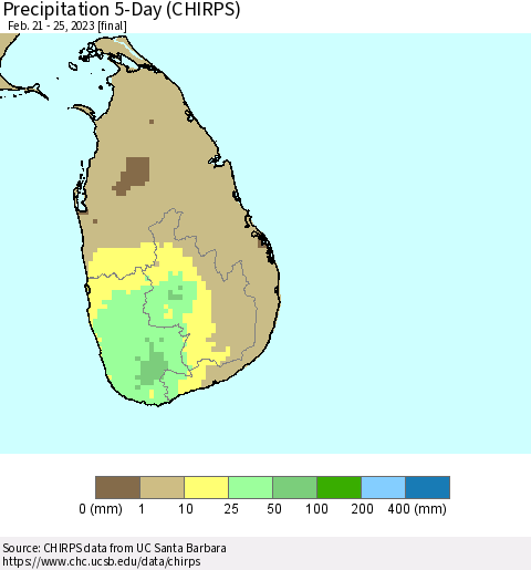 Sri Lanka Precipitation 5-Day (CHIRPS) Thematic Map For 2/21/2023 - 2/25/2023