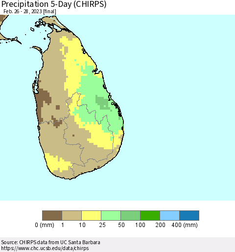 Sri Lanka Precipitation 5-Day (CHIRPS) Thematic Map For 2/26/2023 - 2/28/2023