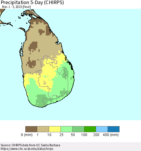 Sri Lanka Precipitation 5-Day (CHIRPS) Thematic Map For 3/1/2023 - 3/5/2023