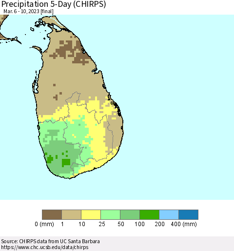 Sri Lanka Precipitation 5-Day (CHIRPS) Thematic Map For 3/6/2023 - 3/10/2023