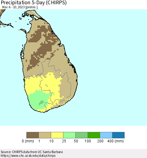 Sri Lanka Precipitation 5-Day (CHIRPS) Thematic Map For 3/6/2023 - 3/10/2023