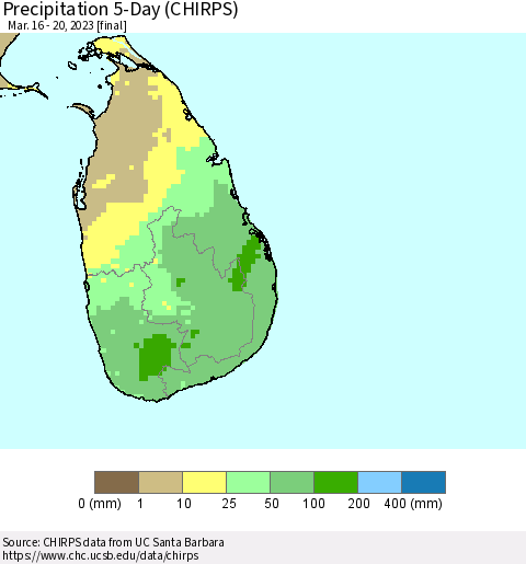 Sri Lanka Precipitation 5-Day (CHIRPS) Thematic Map For 3/16/2023 - 3/20/2023
