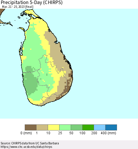 Sri Lanka Precipitation 5-Day (CHIRPS) Thematic Map For 3/21/2023 - 3/25/2023