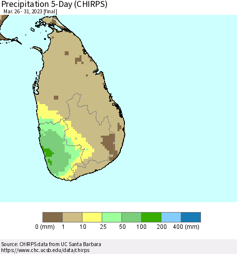 Sri Lanka Precipitation 5-Day (CHIRPS) Thematic Map For 3/26/2023 - 3/31/2023