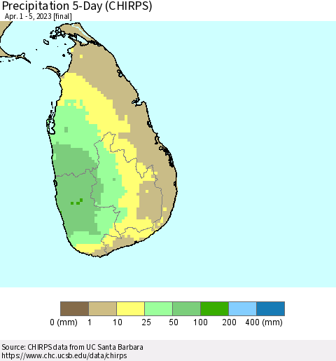 Sri Lanka Precipitation 5-Day (CHIRPS) Thematic Map For 4/1/2023 - 4/5/2023
