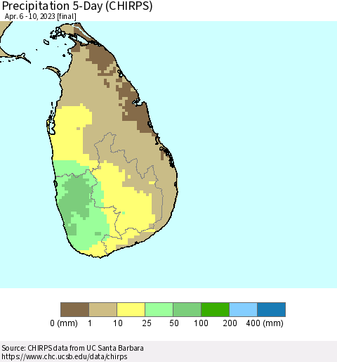 Sri Lanka Precipitation 5-Day (CHIRPS) Thematic Map For 4/6/2023 - 4/10/2023