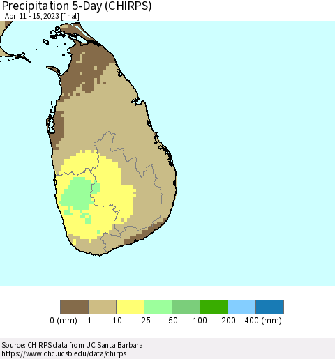 Sri Lanka Precipitation 5-Day (CHIRPS) Thematic Map For 4/11/2023 - 4/15/2023
