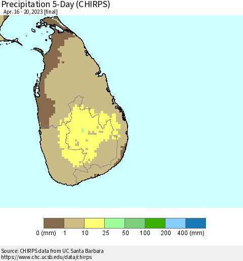 Sri Lanka Precipitation 5-Day (CHIRPS) Thematic Map For 4/16/2023 - 4/20/2023