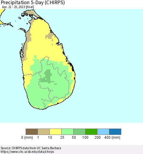 Sri Lanka Precipitation 5-Day (CHIRPS) Thematic Map For 4/21/2023 - 4/25/2023
