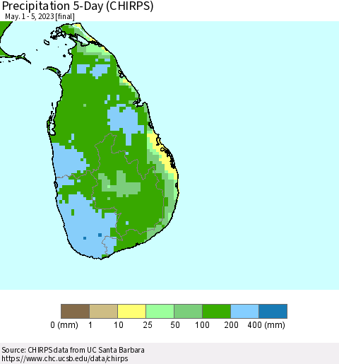 Sri Lanka Precipitation 5-Day (CHIRPS) Thematic Map For 5/1/2023 - 5/5/2023
