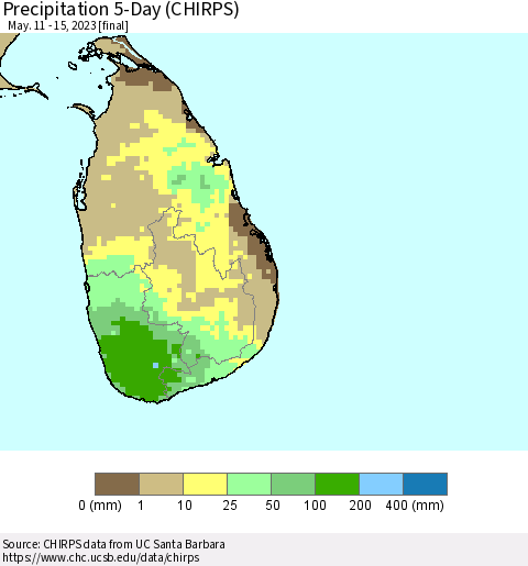 Sri Lanka Precipitation 5-Day (CHIRPS) Thematic Map For 5/11/2023 - 5/15/2023