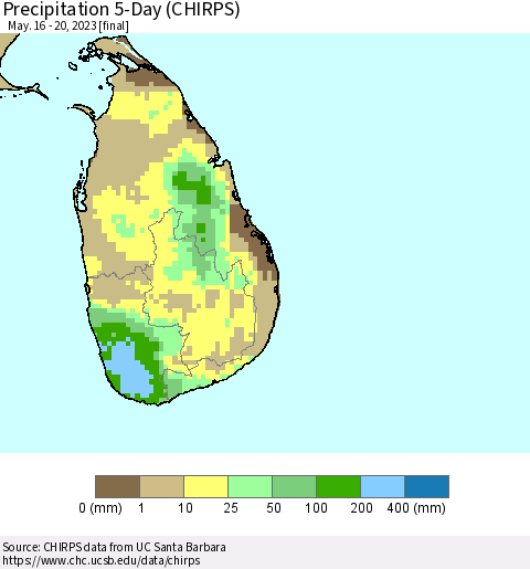 Sri Lanka Precipitation 5-Day (CHIRPS) Thematic Map For 5/16/2023 - 5/20/2023