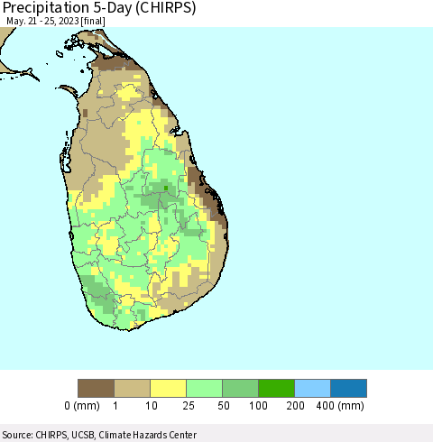 Sri Lanka Precipitation 5-Day (CHIRPS) Thematic Map For 5/21/2023 - 5/25/2023