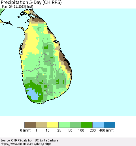 Sri Lanka Precipitation 5-Day (CHIRPS) Thematic Map For 5/26/2023 - 5/31/2023