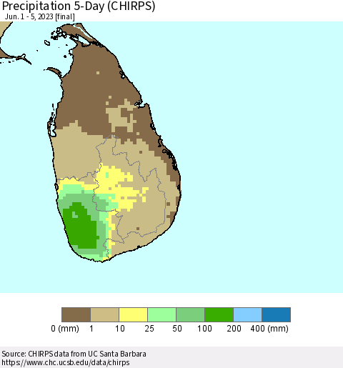 Sri Lanka Precipitation 5-Day (CHIRPS) Thematic Map For 6/1/2023 - 6/5/2023