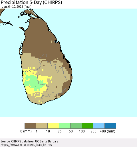 Sri Lanka Precipitation 5-Day (CHIRPS) Thematic Map For 6/6/2023 - 6/10/2023