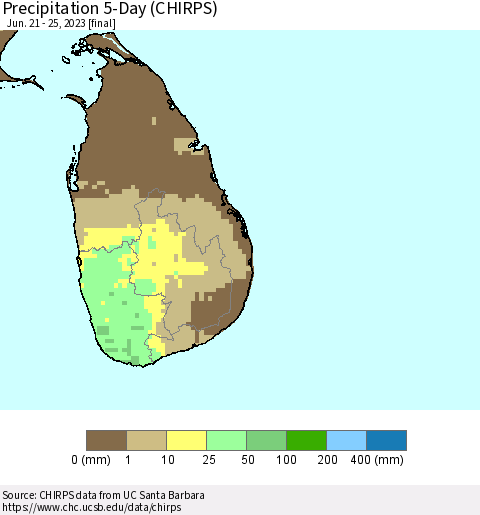 Sri Lanka Precipitation 5-Day (CHIRPS) Thematic Map For 6/21/2023 - 6/25/2023