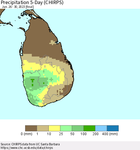 Sri Lanka Precipitation 5-Day (CHIRPS) Thematic Map For 6/26/2023 - 6/30/2023