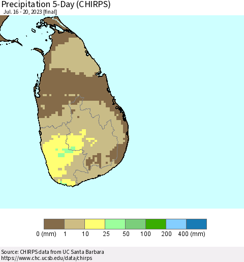 Sri Lanka Precipitation 5-Day (CHIRPS) Thematic Map For 7/16/2023 - 7/20/2023